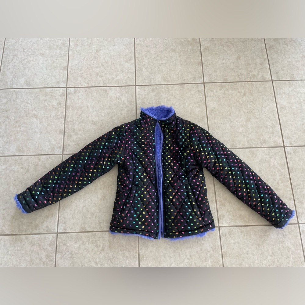 Me Jane Reversible Multi-Color Hearts/Purple Faux Fur Girls Jacket size 6